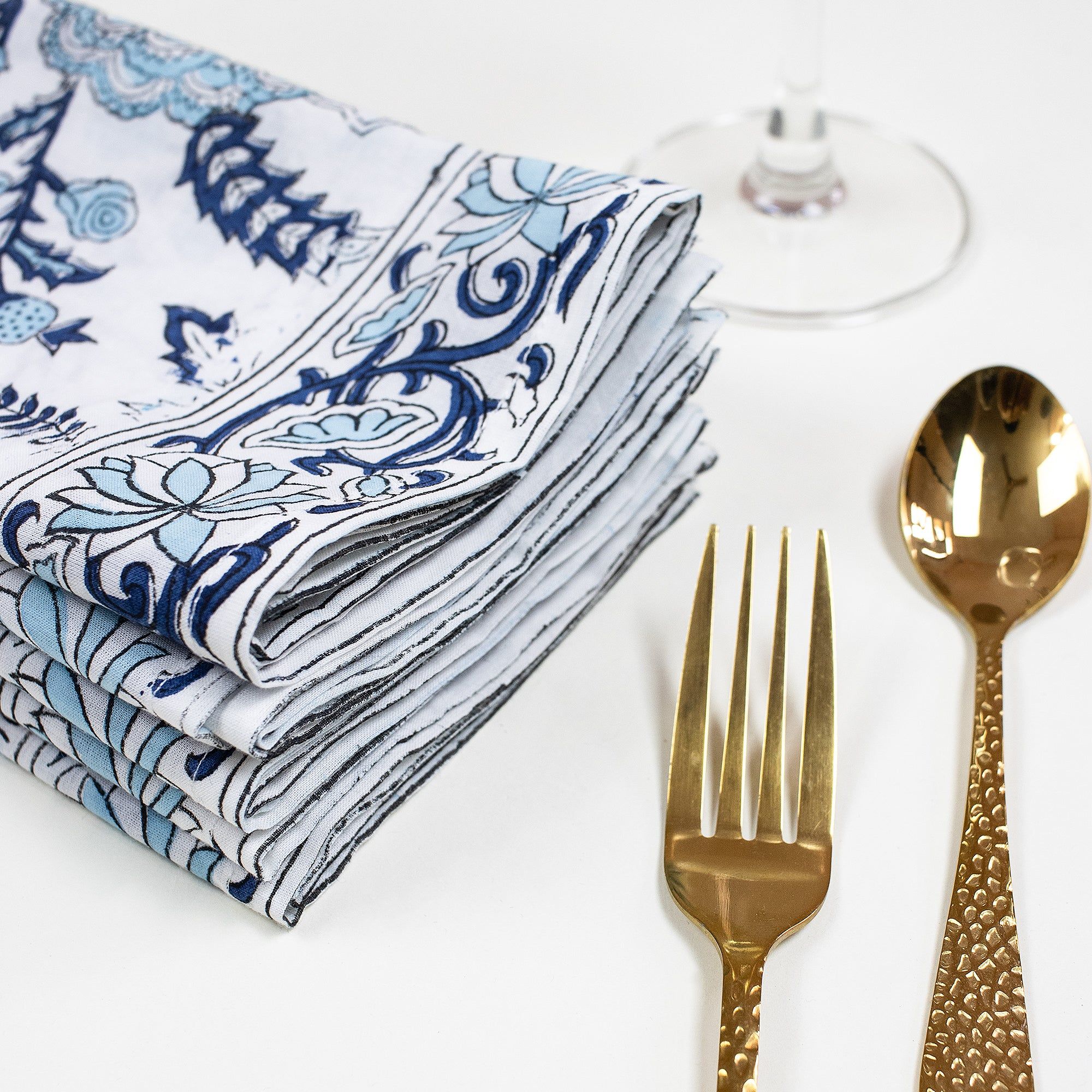 Hand Block Sky Blue Floral Printed Hand Napkins